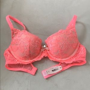 Victoria’s Secret Neon Coral Embroidered Lace Bra